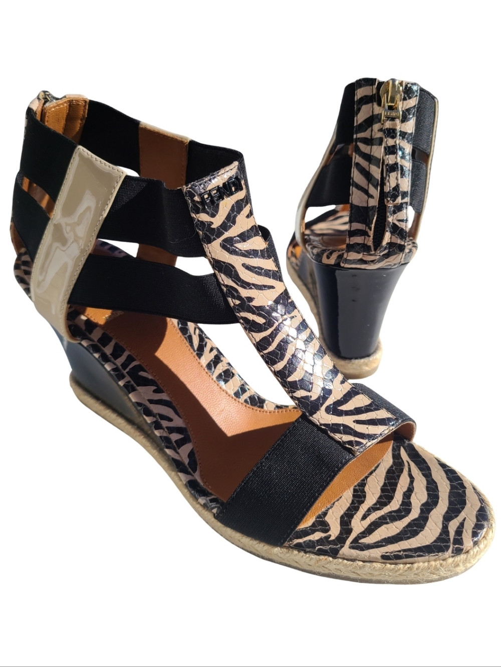 FENDI Espadrille Platform Leather Animal Print Ankle Strap Wedge Sandal 36.5